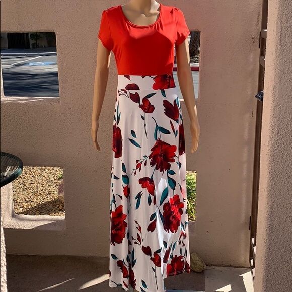 Women’s Large Scoop Neck Short Sleeve Spring Maxi Dress White Red Green Floral - Picture 2 of 10